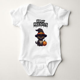 Schattigee enge zwarte kat met pompoenjack op lant romper