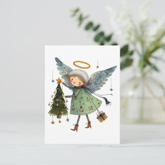 Schattigee engel met een kerstboom briefkaart (Staand voorkant)