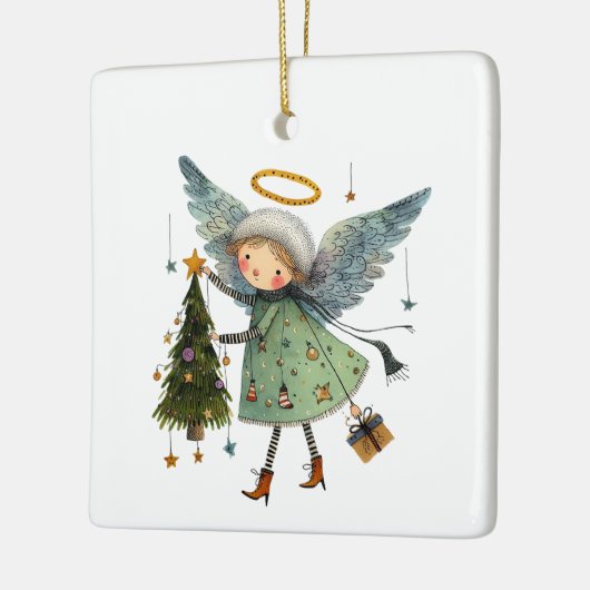 Schattigee engel met een kerstboom keramisch ornament (Links)