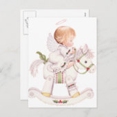 Schattigee engel op een wit kerst schommelpaard feestdagenkaart (Voorkant / Achterkant)