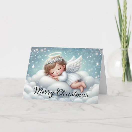 Schattigee engel slapen op een donzige wolk feestdagen kaart (Voorkant)