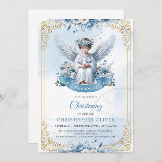 Schattigee engelenblauwe bloemen gouden lijsten jo kaart (Voorkant / Achterkant)