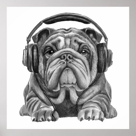 Schattigee Engelse Bulldog met hoofdtelefoon Poster (Voorkant)
