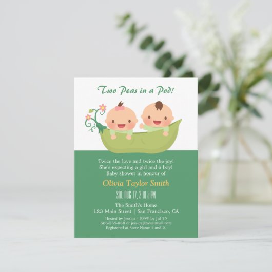 Schattigee erwten in een Pod Twin Baby Shower Uitn Kaart (Staand voorkant)