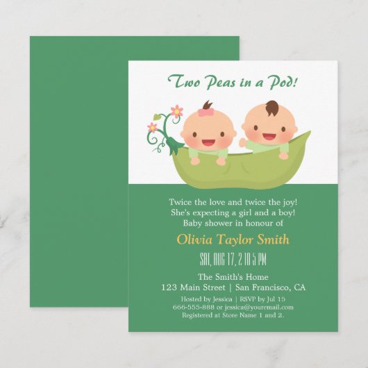 Schattigee erwten in een Pod Twin Baby Shower Uitn Kaart (Voorkant / Achterkant)