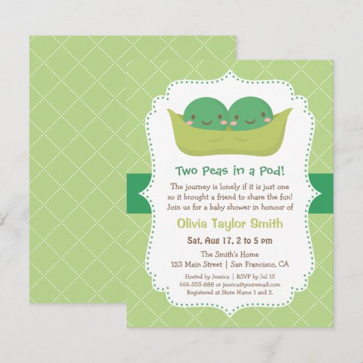 Schattigee erwten in een Pod Twin Baby Shower Uitn Kaart (Voorkant / Achterkant)