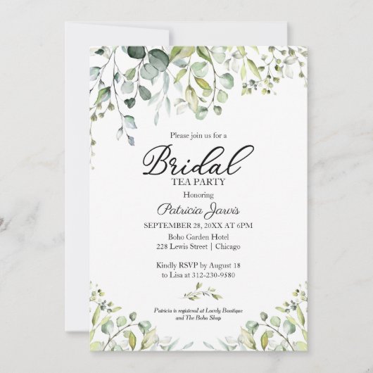 Schattigee eucalyptus groen bruids thee party kaart (Voorkant)