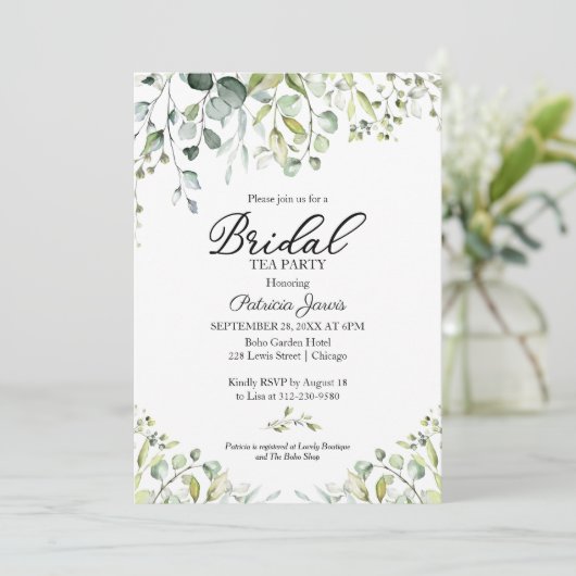 Schattigee eucalyptus groen bruids thee party kaart (Staand voorkant)