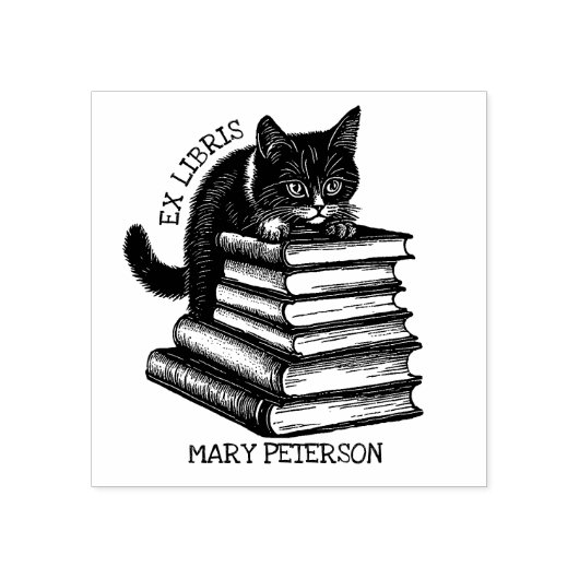Schattigee Ex Libris Cat, bibliotheekboek Rubberstempel (Afrduk)