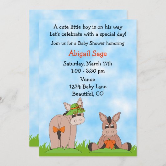 Schattigee ezel Baby shower uitnodiging voor jonge (Voorkant / Achterkant)