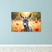 Schattigee ezel rode klaprozen schattige dierenkun canvas afdruk (Insitu (Houten vloer))