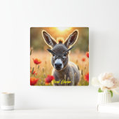 Schattigee ezel rode klaprozen schattige dierenkun vierkante klok (Huis)