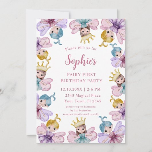 Schattigee Fairy Eerste Roze Waterverf Verjaardag Kaart (Voorkant)