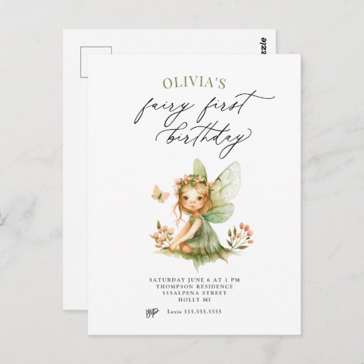 Schattigee Fairy Eerste Verjaardagsuitnodiging Briefkaart (Voorkant / Achterkant)