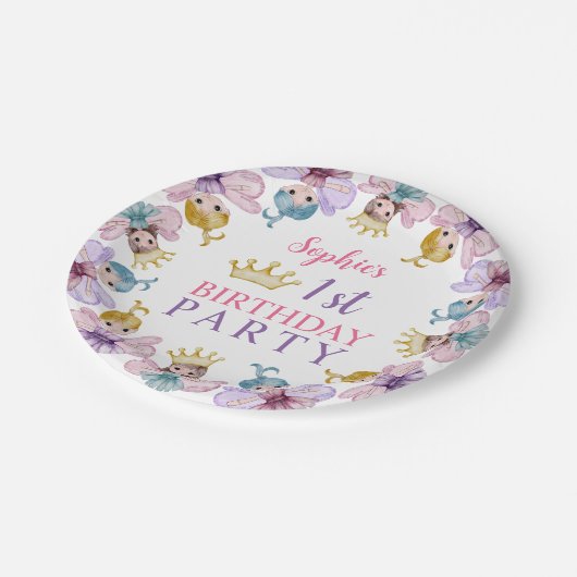 Schattigee Fairy Princess Roze & Paarse 1e Verjaar Papieren Bordje (Gekanteld)