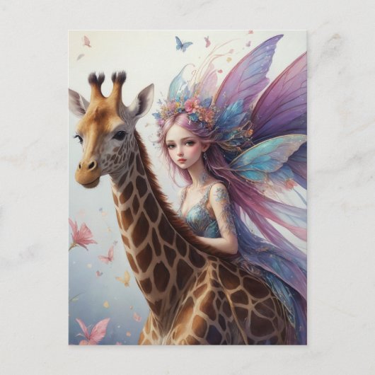 Schattigee Fairy rijdt een Giraffe Briefkaart (Voorkant)