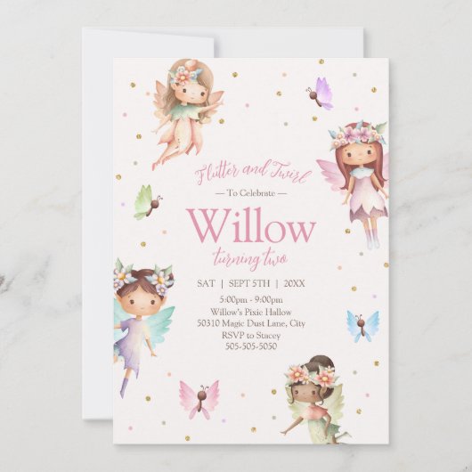 Schattigee Fairy verjaardagsuitnodiging, Pixie Par Kaart (Voorkant)