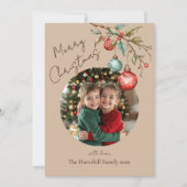 Schattigee Familie Foto Lijst Beige Waterverf Kers Feestdagenkaart (Voorkant)