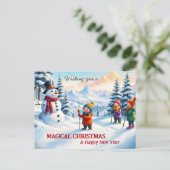 Schattigee Familie Kinderen Sneeuwman Vrolijk Kers Feestdagenkaart (Staand voorkant)