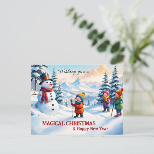 Schattigee Familie Kinderen Sneeuwman Vrolijk Kers Feestdagenkaart (Staand voorkant)