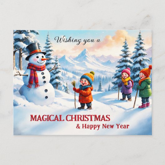 Schattigee Familie Kinderen Sneeuwman Vrolijk Kers Feestdagenkaart (Voorkant)
