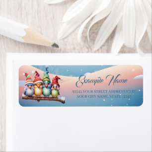 Schattigee fantasievogels met kerst petten etiket