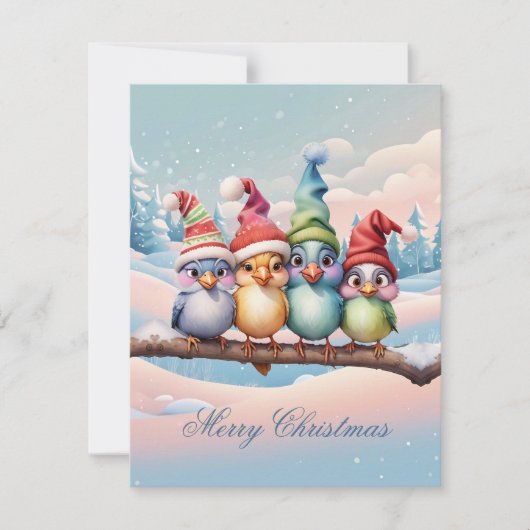Schattigee fantasievogels met kerst petten. feestdagenkaart (Voorkant)
