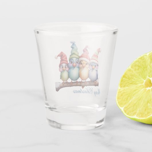 Schattigee fantasievogels met kerst petten. shot glas (Achterkant)