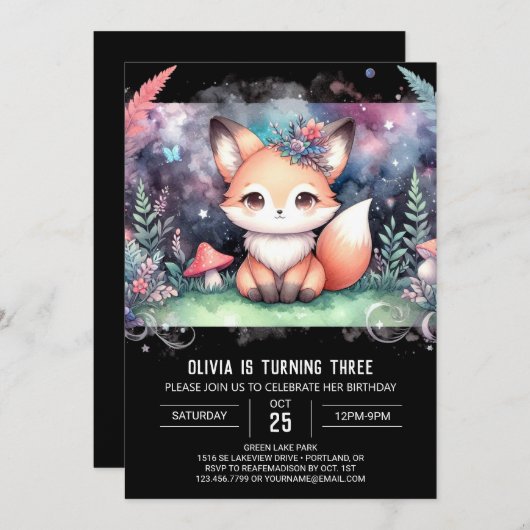 Schattigee Fantasy Fox Verjaardag Kaart (Voorkant / Achterkant)