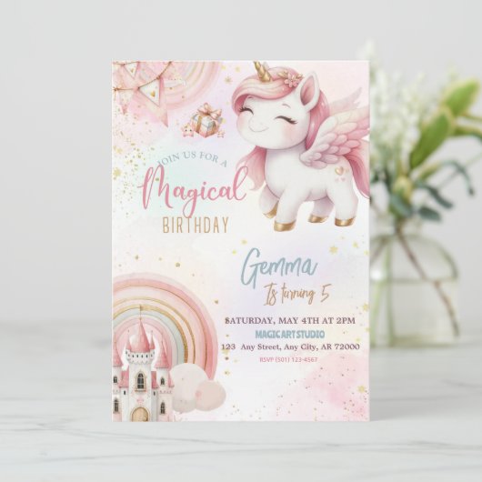 Schattigee Fantasy Roze Gouden Eenhoorn Kasteel Ve Kaart (Staand voorkant)