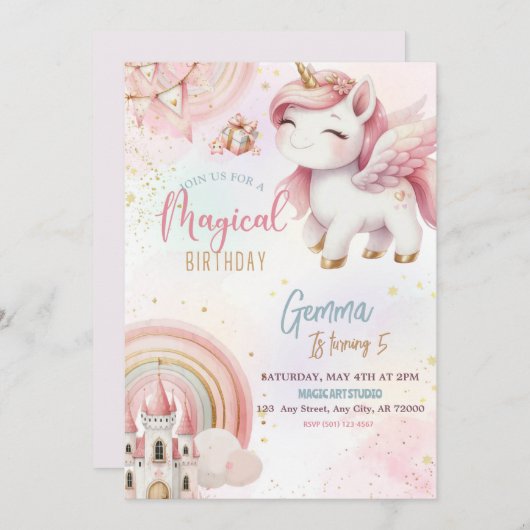 Schattigee Fantasy Roze Gouden Eenhoorn Kasteel Ve Kaart (Voorkant / Achterkant)