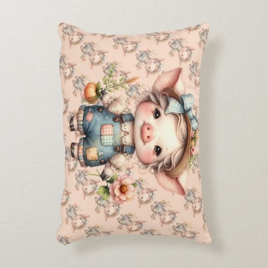 Schattigee Farmcore Pig in Overalls met Bloemen Accent Kussen (Voorkant(Verticaal))