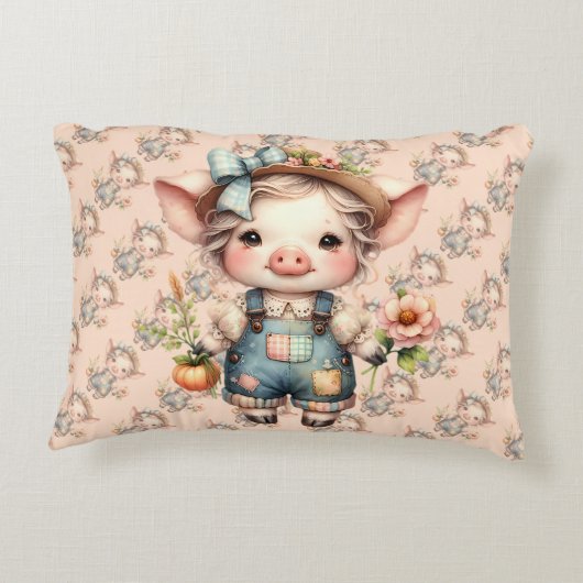 Schattigee Farmcore Pig in Overalls met Bloemen Accent Kussen (Achterkant)