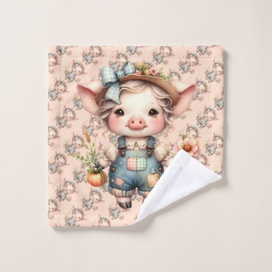 Schattigee Farmcore Pig in Overalls met Bloemen Bad Handdoek (Wasdoekje)