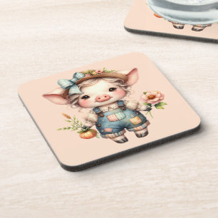 Schattigee Farmcore Pig in Overalls met Bloemen Bier Onderzetter