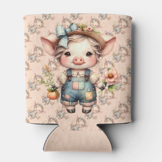 Schattigee Farmcore Pig in Overalls met Bloemen Blikjeskoeler (Achterkant)