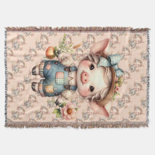 Schattigee Farmcore Pig in Overalls met Bloemen Deken (Voorkant)