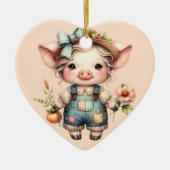 Schattigee Farmcore Pig in Overalls met Bloemen Keramisch Ornament (Voorkant)