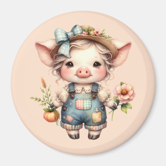 Schattigee Farmcore Pig in Overalls met Bloemen Magneet (Voorkant)