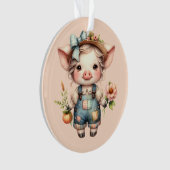 Schattigee Farmcore Pig in Overalls met Bloemen Ornament (voorkant)