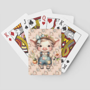 Schattigee Farmcore Pig in Overalls met Bloemen Pokerkaarten