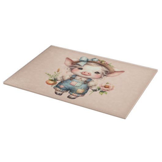 Schattigee Farmcore Pig in Overalls met Bloemen Snijplank (Hoek)