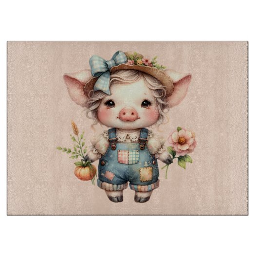 Schattigee Farmcore Pig in Overalls met Bloemen Snijplank (Voorkant)