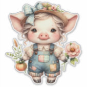 Schattigee Farmcore Pig in Overalls met Bloemen Sticker (Voorkant)