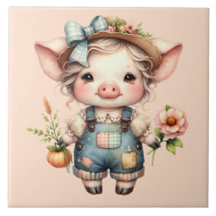 Schattigee Farmcore Pig in Overalls met Bloemen Tegeltje