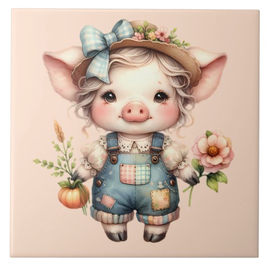 Schattigee Farmcore Pig in Overalls met Bloemen Tegeltje (Voorkant)