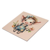 Schattigee Farmcore Pig in Overalls met Bloemen Tegeltje (Zijkant)