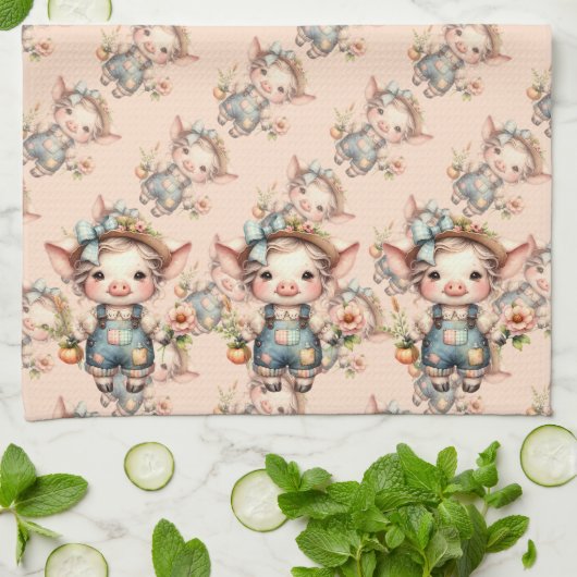 Schattigee Farmcore Pig in Overalls met Bloemen Theedoek (Gevouwen)