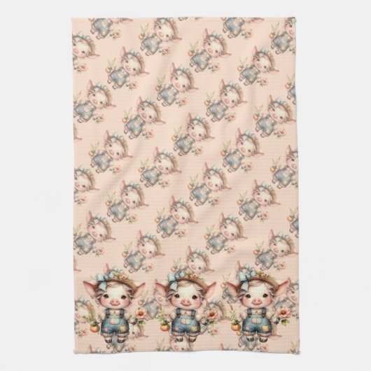 Schattigee Farmcore Pig in Overalls met Bloemen Theedoek (Verticaal)