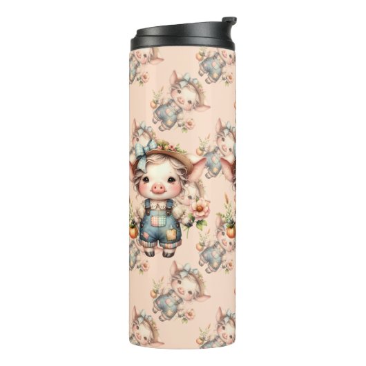 Schattigee Farmcore Pig in Overalls met Bloemen Thermosbeker (Gedraaid links)